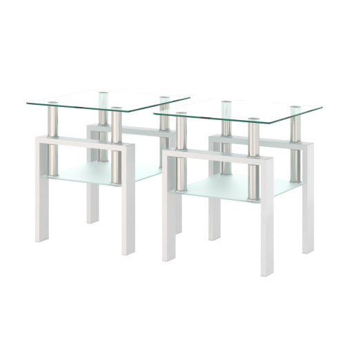Set Of 2, Modern Tempered Glass Tea Table Coffee Table End Table, Square Table For Living Room, Transparent White